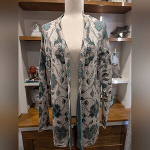 Peruvian Connection 100% Pima Cotton Beige Floral Long Cardigan Duster Large